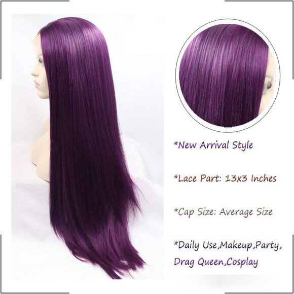 Women Wig Long Silky Straight Bright Purple Free Part Wig for  daily use trendy - Picture 6 of 7
